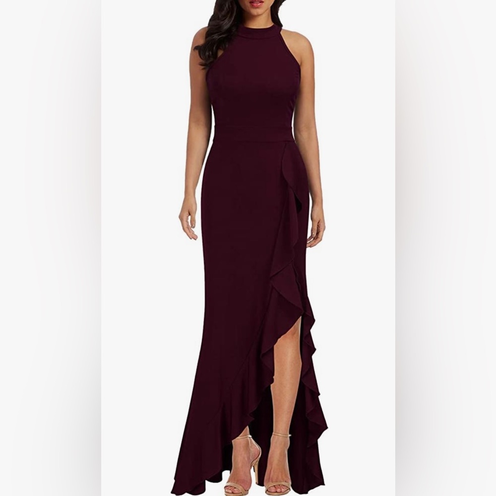 NWT! WOOSEA High Neck Split Mermaid Evening Cocktail Long Dress Burgundy (small)